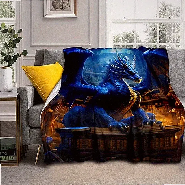 1pc Blue Vintage Library Dragon Throw Blanket