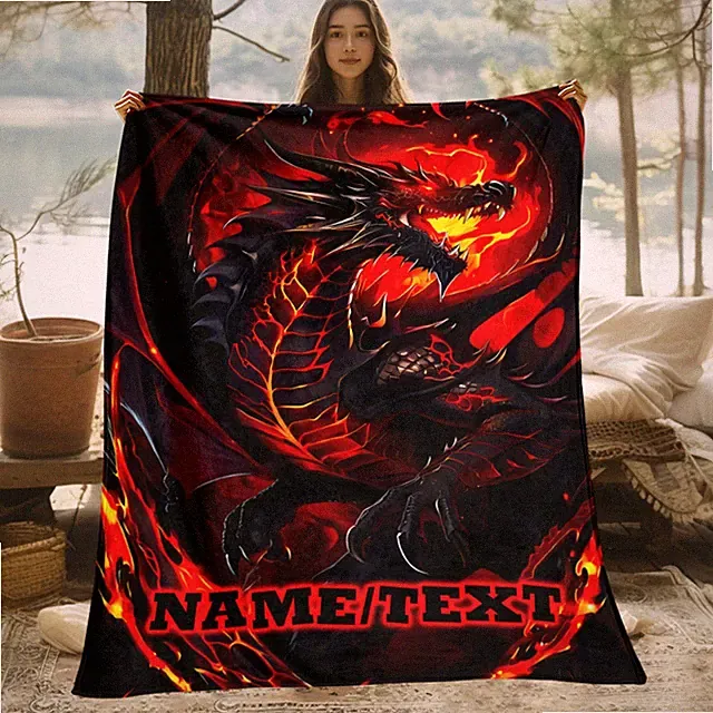 1pc Custom Name Red Dragon in Darkness Flannel Blanket - Throw Suitable for Tr