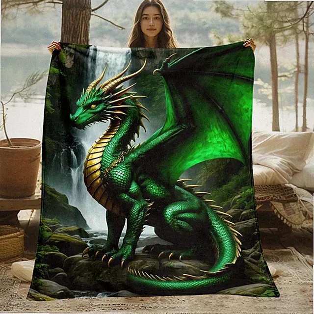 1pc Lightweight Flannel Blanket - Green Dragon Throw with Waterfall Landscape