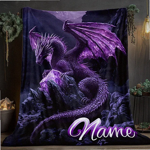 1pc Personalized Custom Name Dragon Throw Blanket - Lightweight Flannel Sofa B