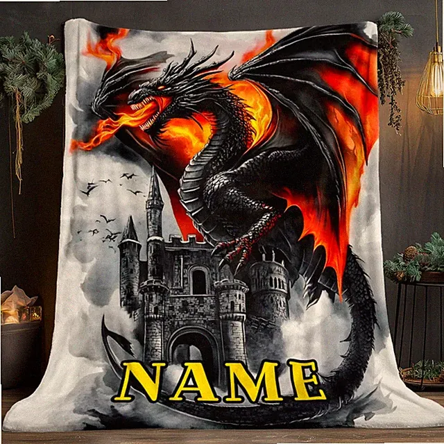 1pc Personalized Flame-Spewing Dragon & Castle Blanket - Name, Lightweight Fla