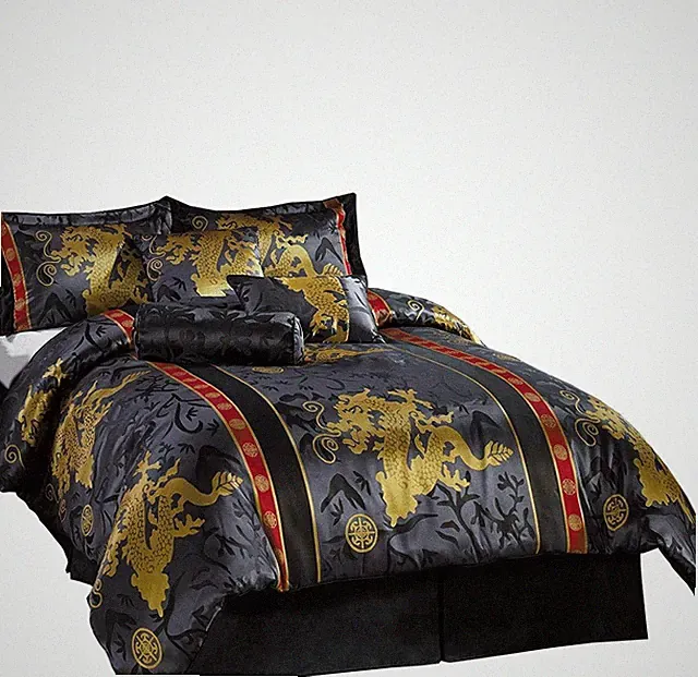 7-Piece Black/Gold/Red Palace Asian Jacquard Dragon Comforter Set