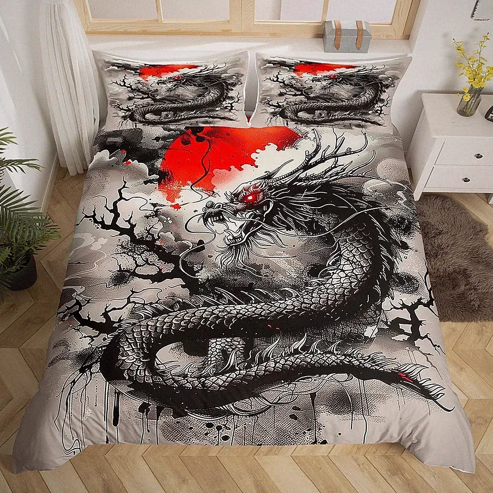Black Dragon Comforter Set Queen SizeJapanese Style Bedding Set 3Pcs for Kids G