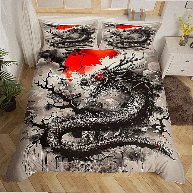 Black Dragon Duvet Cover Set Queen Size,Japanese Style Bedding Set 3Pcs for K...