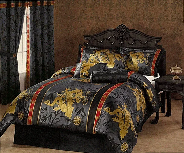 Black Red Gold Orient Asian Dragon Floral 7 pc Comforter Set Queen Cal King Bed