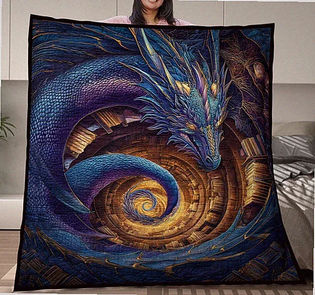 Blue Dragon Protecting Books Quilt Blanket, Fantasy Creature Bedding Dragon Gift