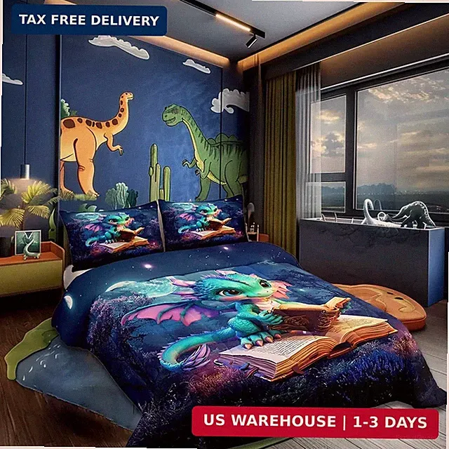 Cartoon Dragon Bedding Set Full Size Magical Jungle Night Comforter Set Gift Dra