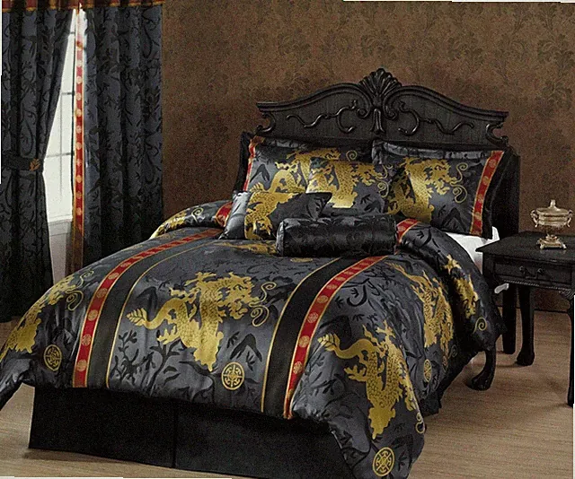 Chezmoi Collection Palace 7-Piece Black Red Gold Dragon Jacquard Comforter Set