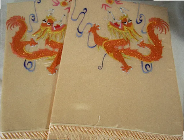 Chinese Dragon Silk Satin Peach Pillow Shams 26"x 17" Ruffle Left & Right New
