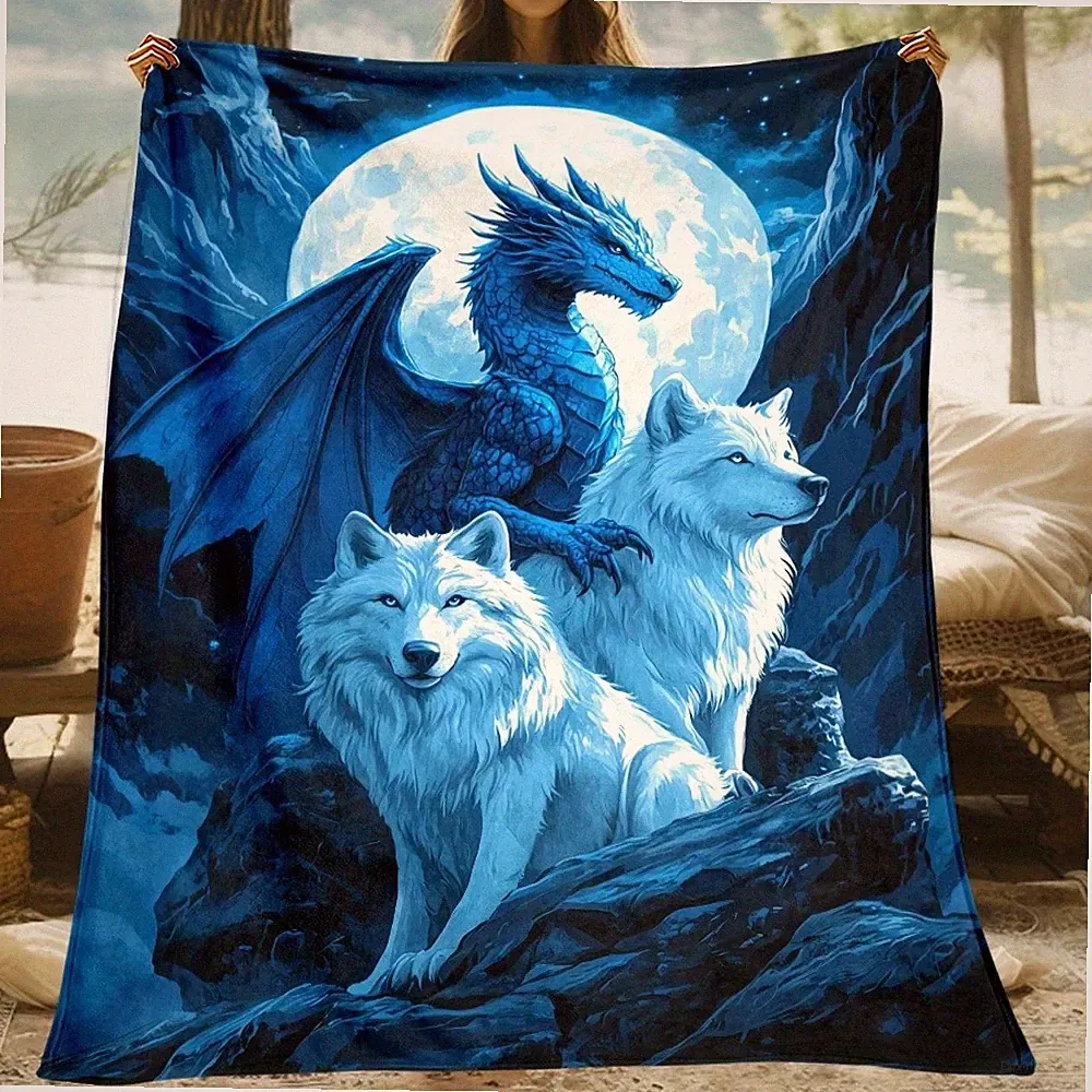 Dragon And Wolf Fleece Throw Blanket
