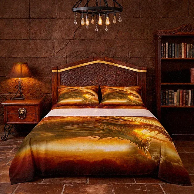 Dragon Bed Sheet Set Full Size3d Animal Print Fitted Sheet 4pcs Deep Pocketflame