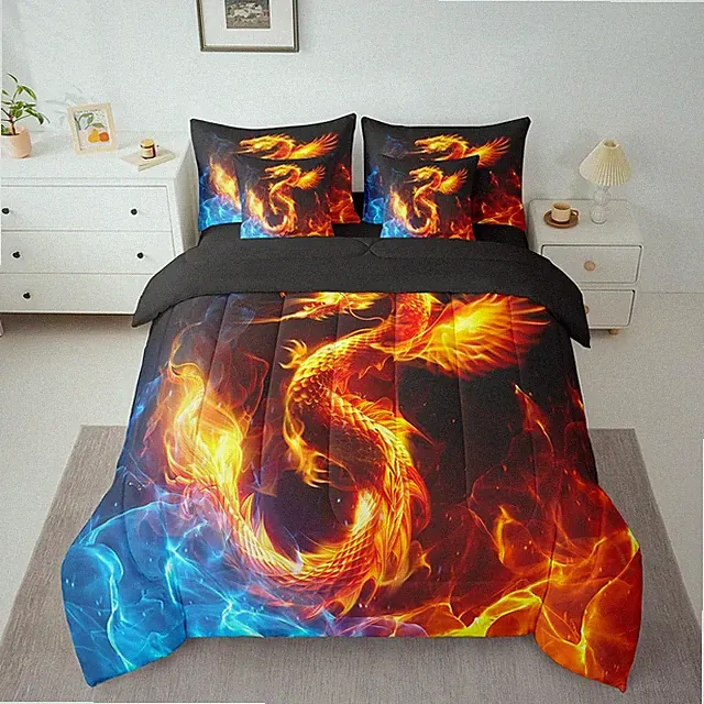 Dragon Bedding Set 7 Piece Fire Dragon Queen Comforter Set with Sheets for Ki...