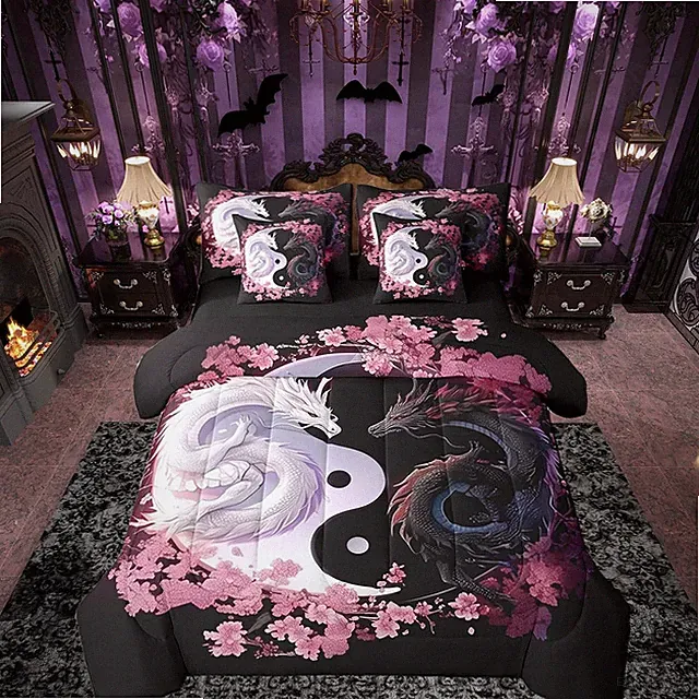 Dragon Bedding Set Queen Size Yin Yang Comforter Set 7 Pieces Cherry Blossoms...