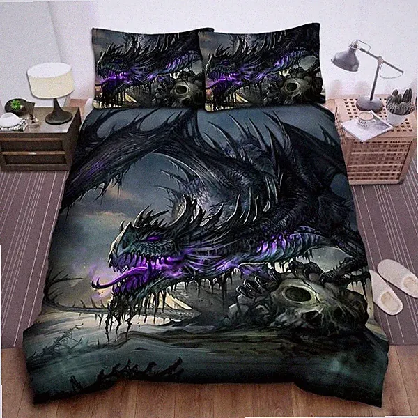 Dragon Black Purple Dragon And Skeletons Full Bedding Set (4pcs)