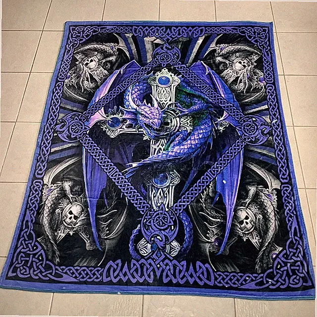 Dragon Themed Soft Velvet Blanket Purple Skulls & Sword & Celtic Knots 76 x 58