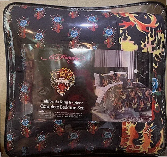Ed Hardy Black/Fire Phoenix Dragon 8p CAL KING Set Comforter,Shams,Sheets,Pillow