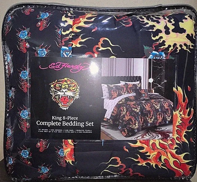 Ed Hardy Black w/Fire Phoenix Dragons 8pc KING Set Comforter,Shams,Sheets,Pillow