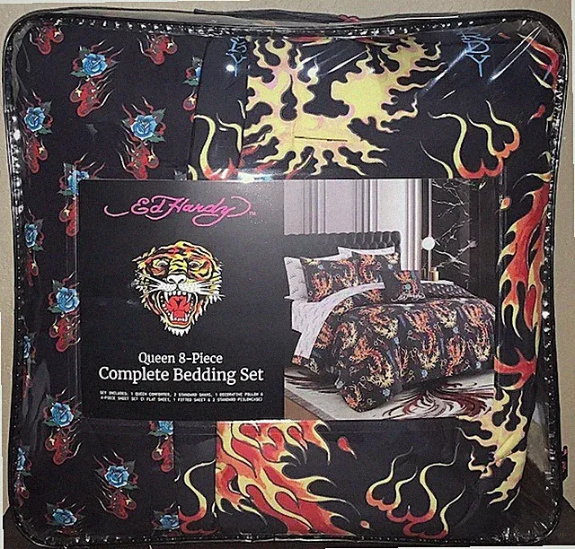 Ed Hardy Black with Fire Phoenix Dragons QUEEN Set Comforter,Shams,Sheets,Pillow