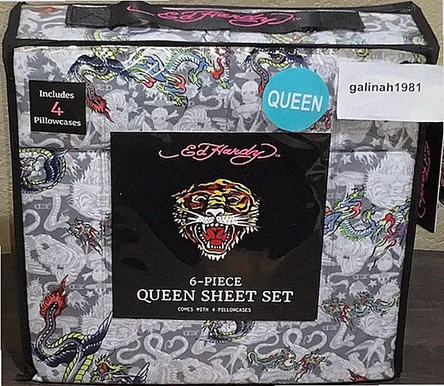 Ed Hardy Dragons & Tigers Tattoo Print 6pc QUEEN Sheet Set w/4 Pillowcases
