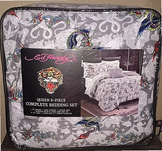 Ed Hardy Dragons &Tigers Tattoo Print QUEEN 8p Set Comforter,Shams,Sheets,Pillow