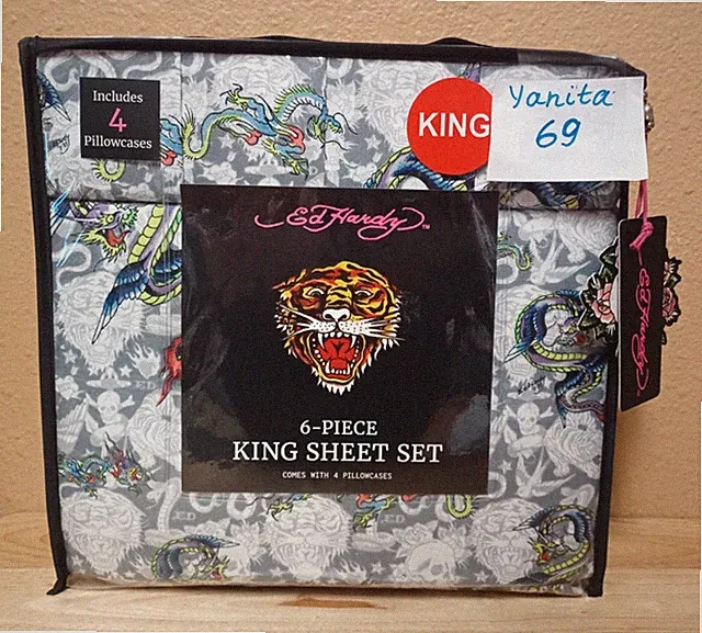 Ed Hardy Grey 6pc King Sheet Set Dragons &Tigers Tattoo Print w/4 Pillowcases
