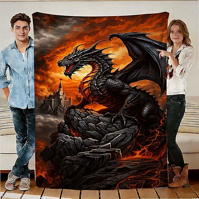 Fiery Dragon and Castle Flannel Blanket Soft Cozy Tapestry Napping Travel Use