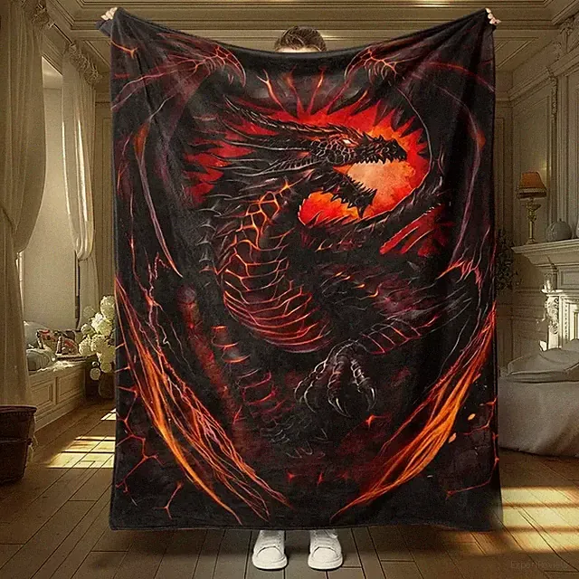 Fire Dragon Pattern Flannel Blanket Cozy Soft Throw for Bed Sofa