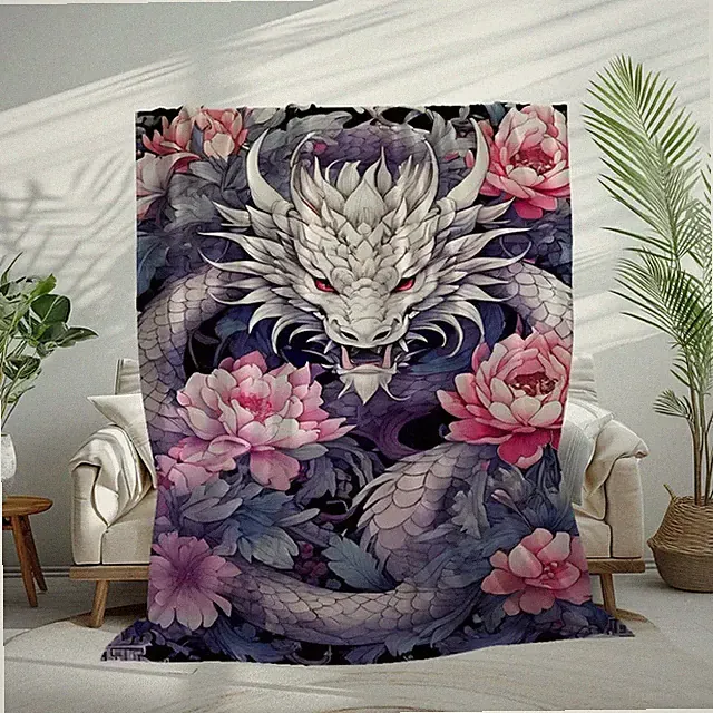 Floral Dragon Velveteen Plush Blanket Soft Cozy Throw Fantasy Art