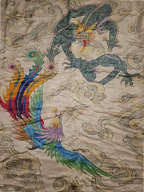Hand Painted Silk Blend Asian Dragon & Phoenix Bird Duvet Twin or Full Size