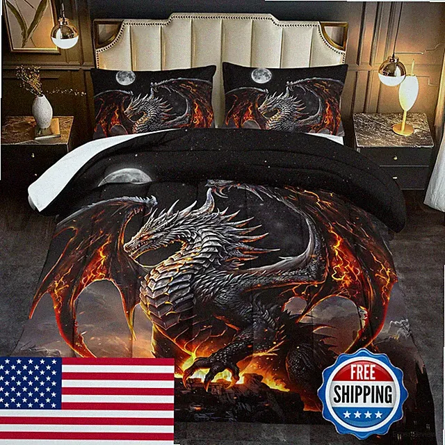 Llyxsesty Black Dragon Comforter Set Full Adultflame Dragon Bedding Set For
