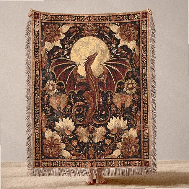 Medieval Dragon Woven Blanket Throw, Fantasy Cottagecore Cotton Bed Cover Gift