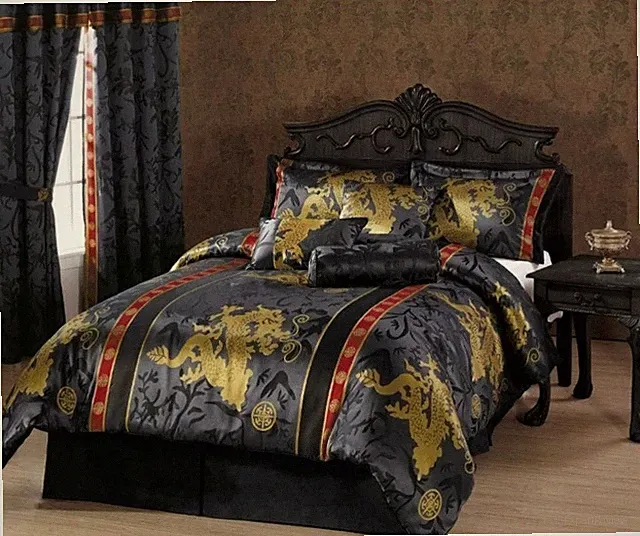 NEW 🛏🐉 Chezmoi Collection 7Pc Dragon Black Gold Red Jacquard Comforter Set Qn
