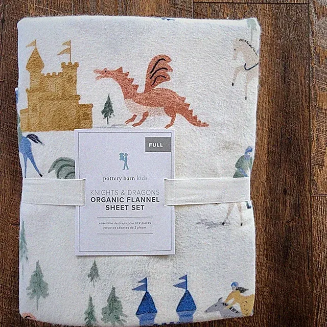 New Pottery Barn Kids Knights & Dragons Organic Full Sheet Set, Flannel