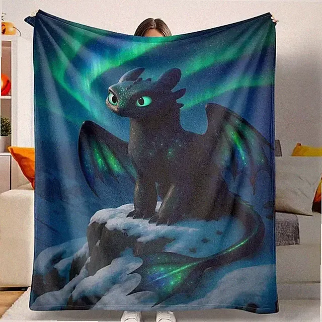 Northern Lights Dragon Flannel Blanket - Soft Cozy Aurora Print Throw