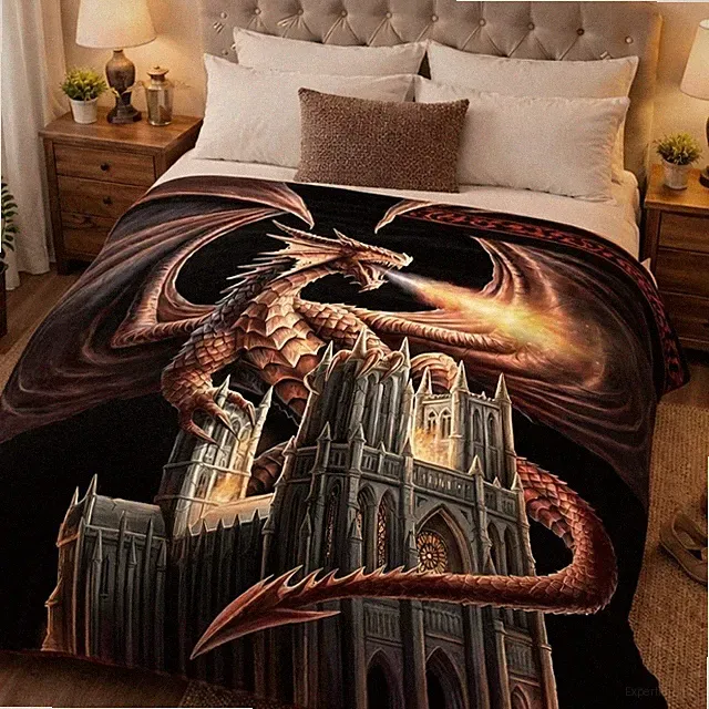 Orange Dragon Blanket, Fantasy Dragons and Castles, Queen Size Throw, Plush