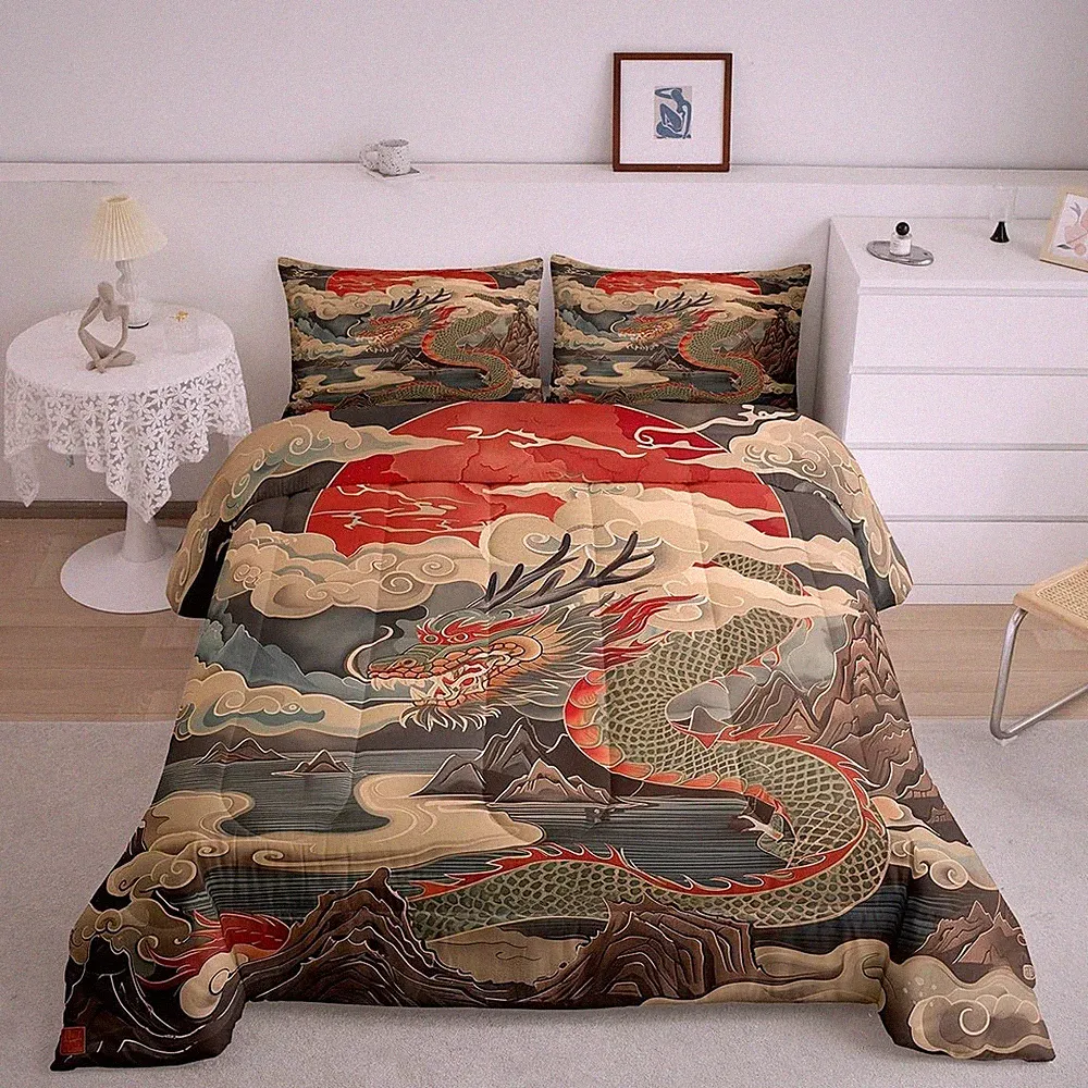 Oriental Dragon Queen Comforter Set Japanese Style Bedding Set Queen, Mountai...