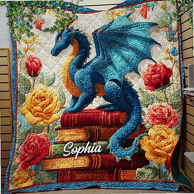 Personalized Dragon Book Quilt Blanket Christmas Gift Reading Lover Bookworm