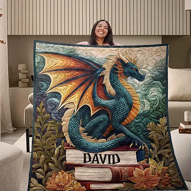 Personalized Dragon Quilt Blanket Books Floral Cozy Reading Throw Fantasy Gift X