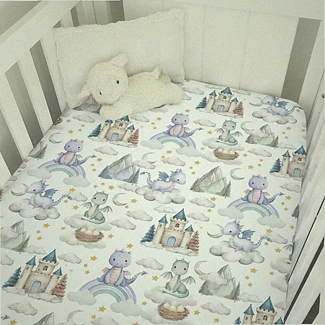 Purple Baby Dragons Crib Sheets for Boy Girl Fairytale Dragon Castle Trees Mo...