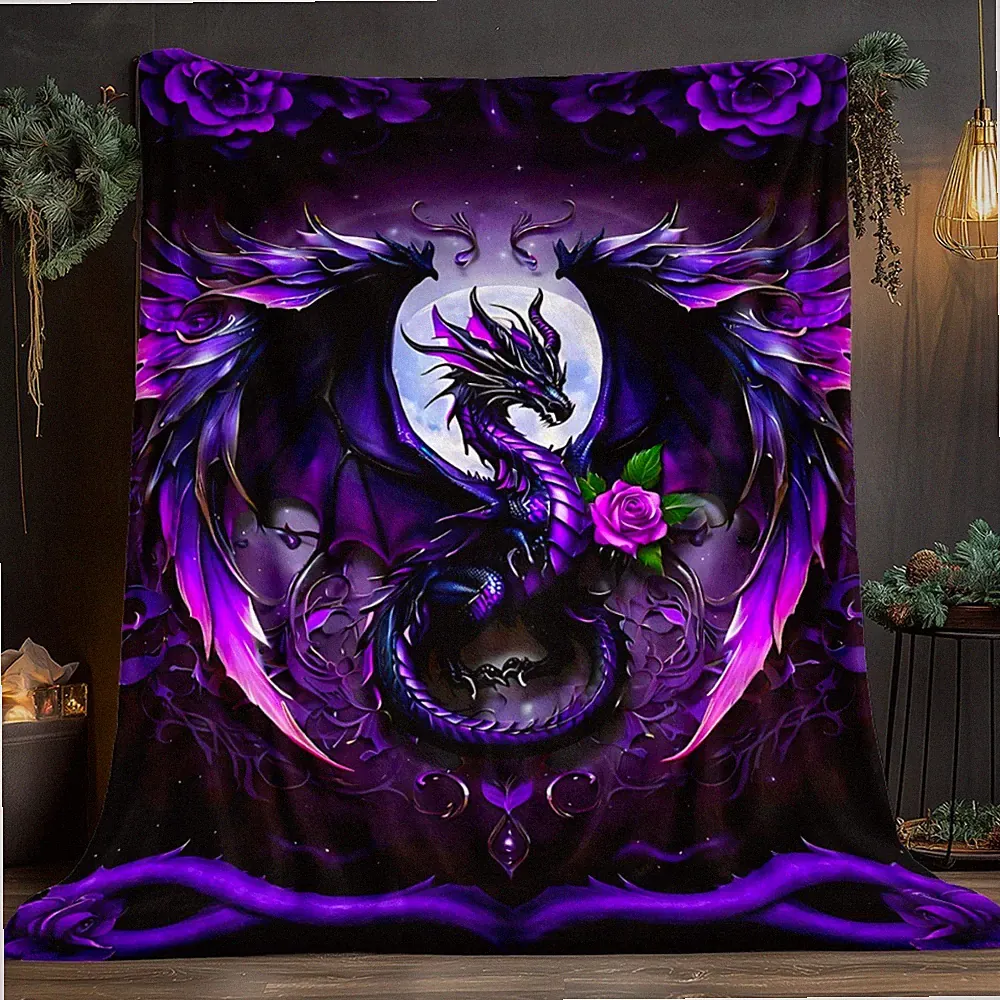 Purple Dragon Blanket: Moonlit Winged Dragon with Rose Design, Cozy Home Throw