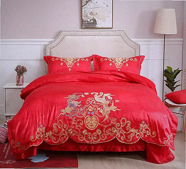 Queen Size Chinese Red Sheet with Dragon and Phoenix Bird Embroidery Duvet Cover