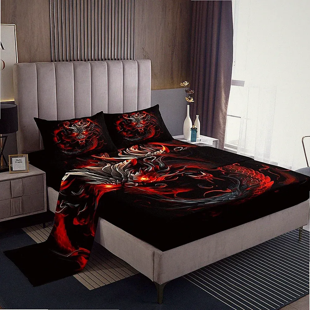 Red Black Dragon Bed Sheets Queen Size,Glowing Flame Dragon Bedding Set 4Pcs...