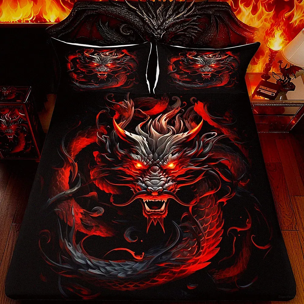 Red Black Dragon Bedding Set Twin Size,Glowing Flame Dragon Fitted 2Pcs for B...