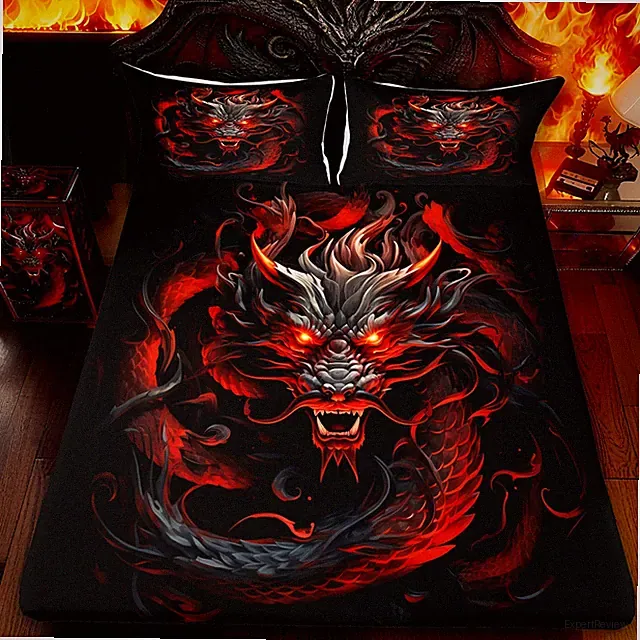 Red Black Dragon Bedding Set Twin Size,Glowing Flame Dragon Fitted Sheet 2Pcs...