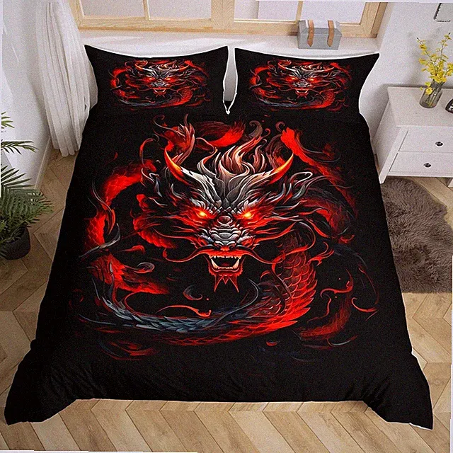 Red Black Dragon Duvet Cover Set Queen Size,Glowing Flame Dragon Bedding Set...