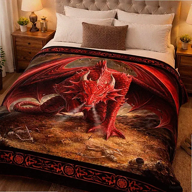 Red Dragon Blanket, Fantasy Dragons and Skeletons, Queen Size Throw, Plush