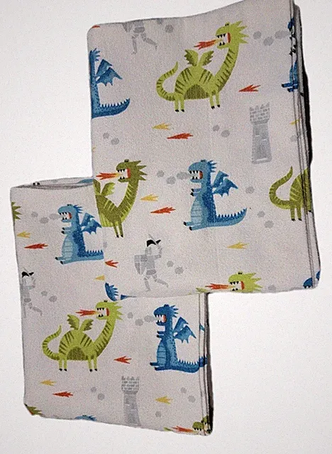 Set of 2 White Flannel Pillowcases W/blue & Green Dragons. 20 X 30 Standard/...