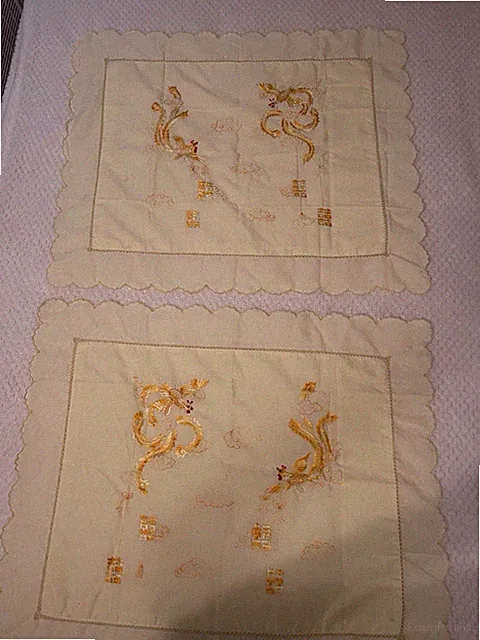 Vintage yellow Phoenix dragon embroidered set of 2 standard pillow shams.