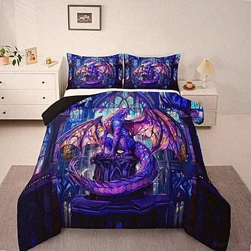 Western Dragon Kids Comforter Set Size,Flying Wing Purple Dragon Full Dragon 10