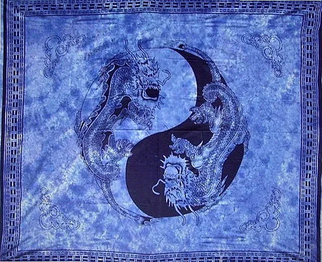 Yin Yang Dragon Tapestry Cotton Bedspread 108" x 88" Full-Queen Blue